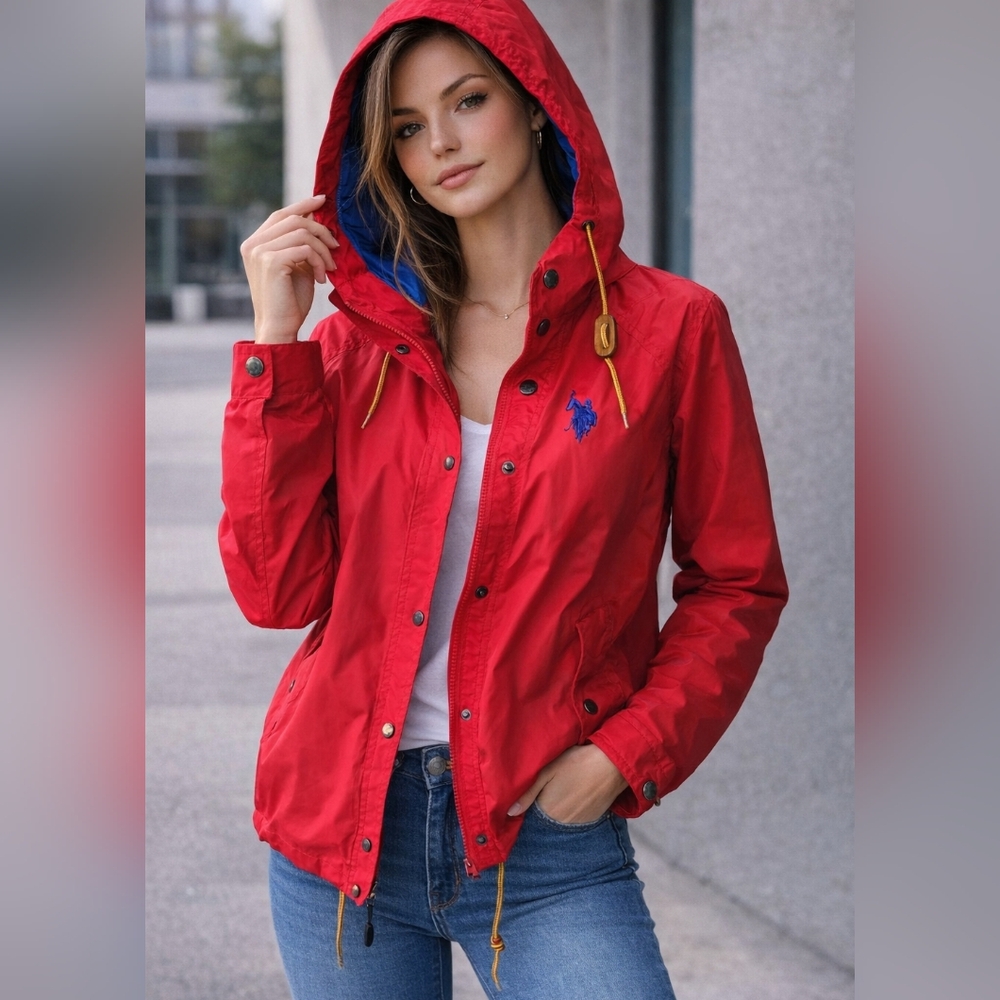 U.S. Polo Assn Red Hooded Windbreaker Jacket Lightweight Zip Snap Women’s Size L